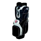 The STAFF GOLF BAG is a sleek black and white carrier with multiple zippered compartments, side pockets, and a stand. It features the W/S logo in red and white, making it perfect for efficiently carrying golf clubs and accessories on the green.