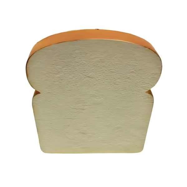 The Stress Ball Bread Slice, standing upright on a plain white background, resembles its namesake with a light golden crust on top and soft texture—ideal for a sandwich or stress relief.