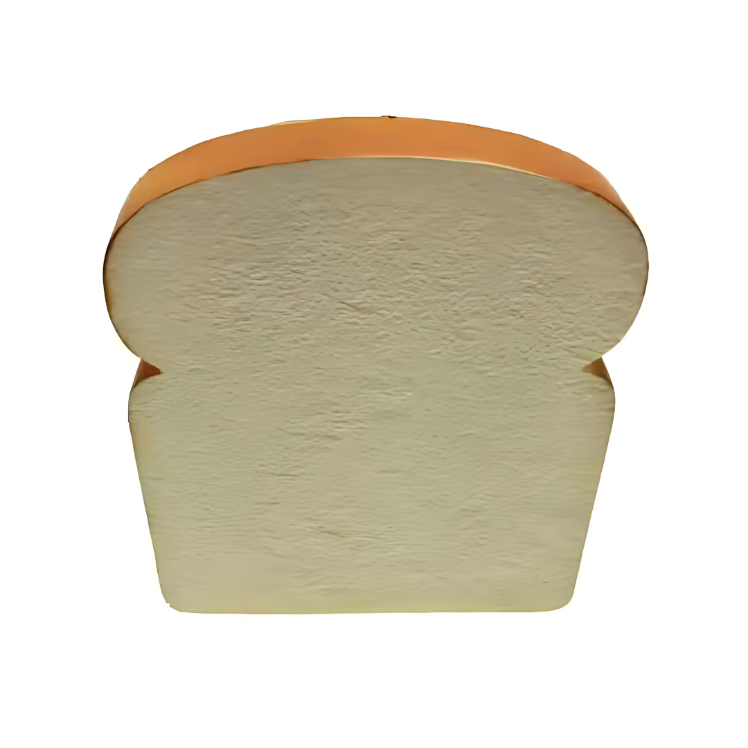 The Stress Ball Bread Slice, standing upright on a plain white background, resembles its namesake with a light golden crust on top and soft texture—ideal for a sandwich or stress relief.