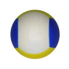 A Stress Ball Hackey Sack with a white center and blue and yellow panels, resembling a playful volleyball, is isolated on a white background.