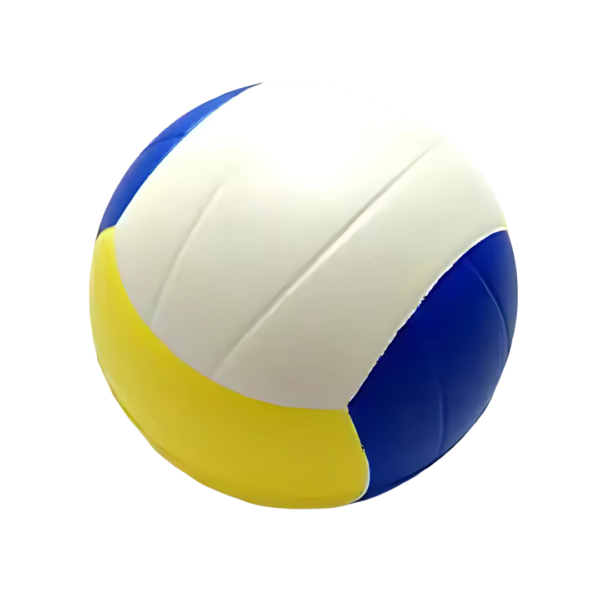 A vibrant Stress Ball Hackey Sack featuring blue, white, and yellow panels on a plain white background.
