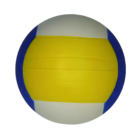 A vibrant Stress Ball Hackey Sack, featuring white, yellow, and blue segments, resembles a giant volleyball against a white background.