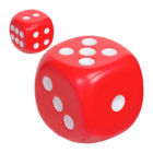 A large red stress ball dice with white dots displayed on a white background.