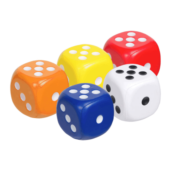 Five large Stress Ball Dice—orange, yellow, red, white & blue—on a white background.