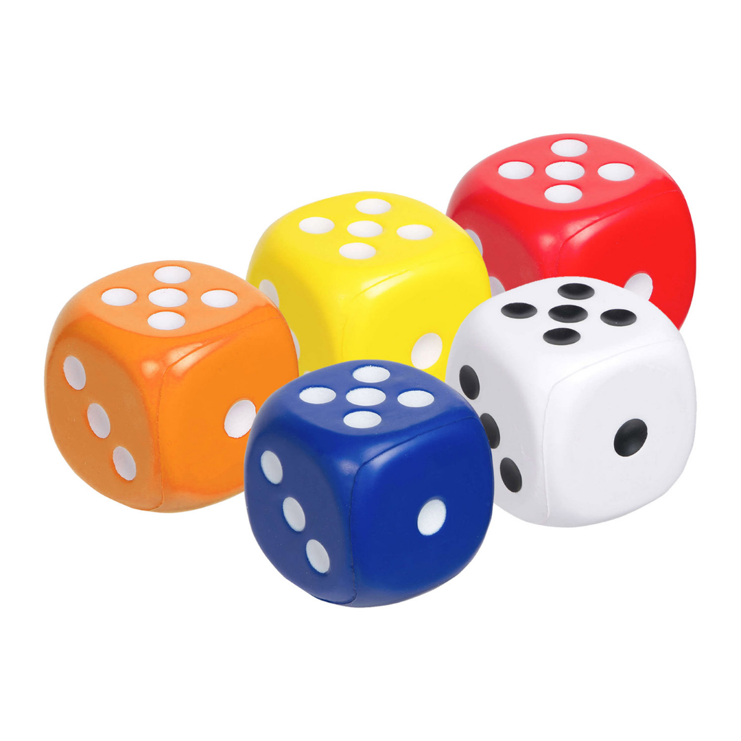 Five large Stress Ball Dice—orange, yellow, red, white & blue—on a white background.