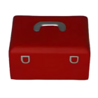The Stress Ball Shape Tool Box is a red suitcase with a streamlined design, featuring a gray top handle and two gray front clasps. Set against a white background, its simple rectangular shape is reminiscent of an elegant tool box.