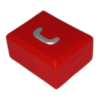 The Stress Ball Shape Tool Box is a sleek, red rectangular object with rounded edges and features a silver square with a curved cutout on the top side, reminiscent of an essential refined tool box.
