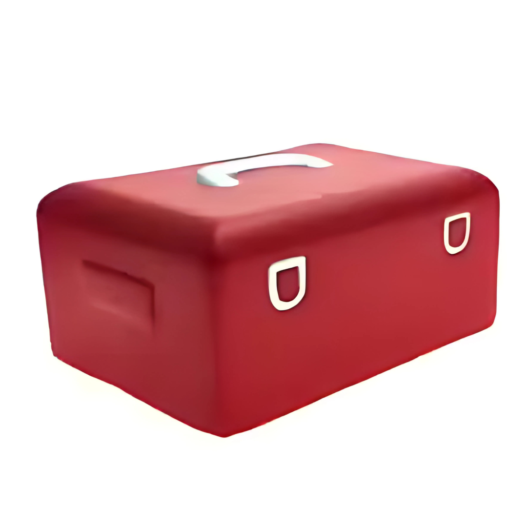 The Stress Ball Shape Tool Box, a red rectangle with a white top handle, rounded edges, and two front clasps, combines comfort and practicality, making it an essential tool for any handyman.