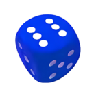 The Stress Ball Small Dice is a small, blue, six-sided cube with white dots on each face, displaying the number six against a clean white background.