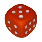The Stress Ball Small Dice is an orange foam stress ball with rounded edges, featuring large white dots displaying the number three on each face. It resembles a stress relief tool and is viewed from an angled perspective.