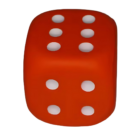 A Stress Ball Small Dice, red with white dots, shows a six on top and is akin in size to a small die.