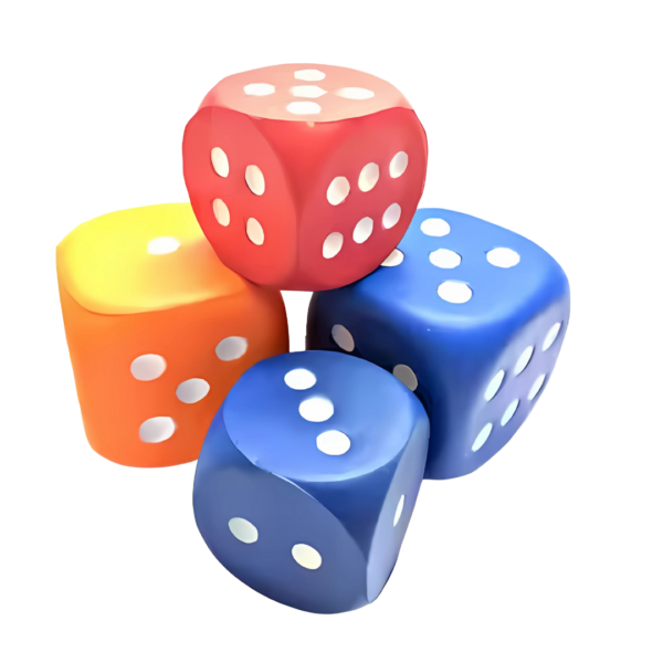 The Stress Ball Small Dice set includes four large foam dice in vibrant red, blue, orange, and yellow, each with white dots representing numbers from one to six, elegantly displayed against a crisp white background.