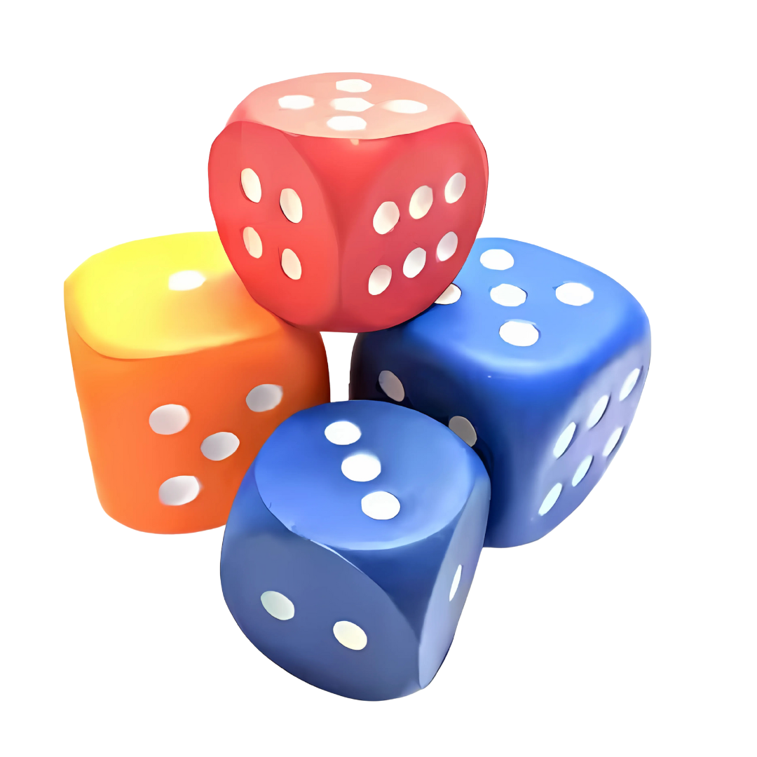 The Stress Ball Small Dice set includes four large foam dice in vibrant red, blue, orange, and yellow, each with white dots representing numbers from one to six, elegantly displayed against a crisp white background.