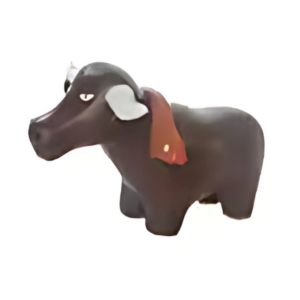 The Stress Balls - MooMoo is a small, stylized clay sculpture of a buffalo with a deep brown body, white ears, and a red cloth draped over its back, exuding the calming charm of stress balls against a plain white background.