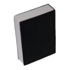 The Stress Shaped Black Book eraser, a large rectangle resembling a black book, has a sleek black casing and white top. It stands upright on a plain white background, exuding calm focus.