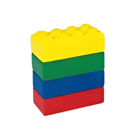 A stack of four large Stress Shaped Building Blocks, isolated on a white background, features a top-to-bottom order of yellow, green, blue, and red. The blocks have a soft, cushioned look and provide stress relief.