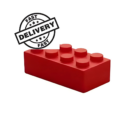 A red Stress Shaped Building Blocks piece with six studs sits on a white background. A FAST DELIVERY stamp in the top left corner enhances the image, merging stress-free shopping with childhood nostalgia.