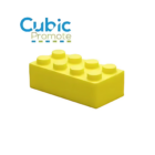 The Stress Shaped Building Blocks product is a yellow, building block-shaped stress ball with six raised circles on top against a white background. The words Cubic Promote are displayed in the top left corner.