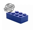 A blue, rectangular toy block with six studs rests on a white background. A Fast Delivery label with stars in the top left adds urgency. Ideal for stress-relief construction! Product: Stress Shaped Building Blocks.