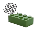 A green, rectangular Stress Shaped Building Block with eight studs sits on a white background, while a Fast Delivery stamp with stars encircles the text in the upper left corner, ensuring quick and stress-free service.