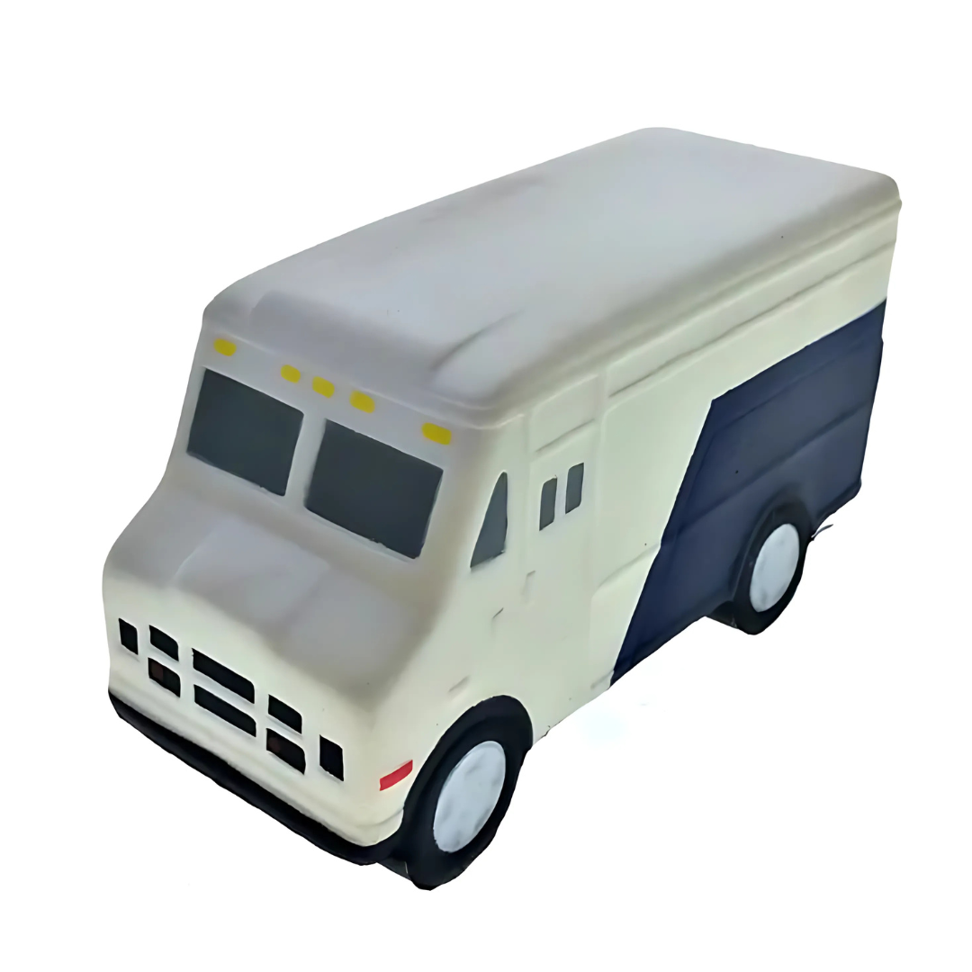 A toy delivery truck, the Stress Shaped Lorry, features a white top with blue sides and black and white wheels, all set against a white background.