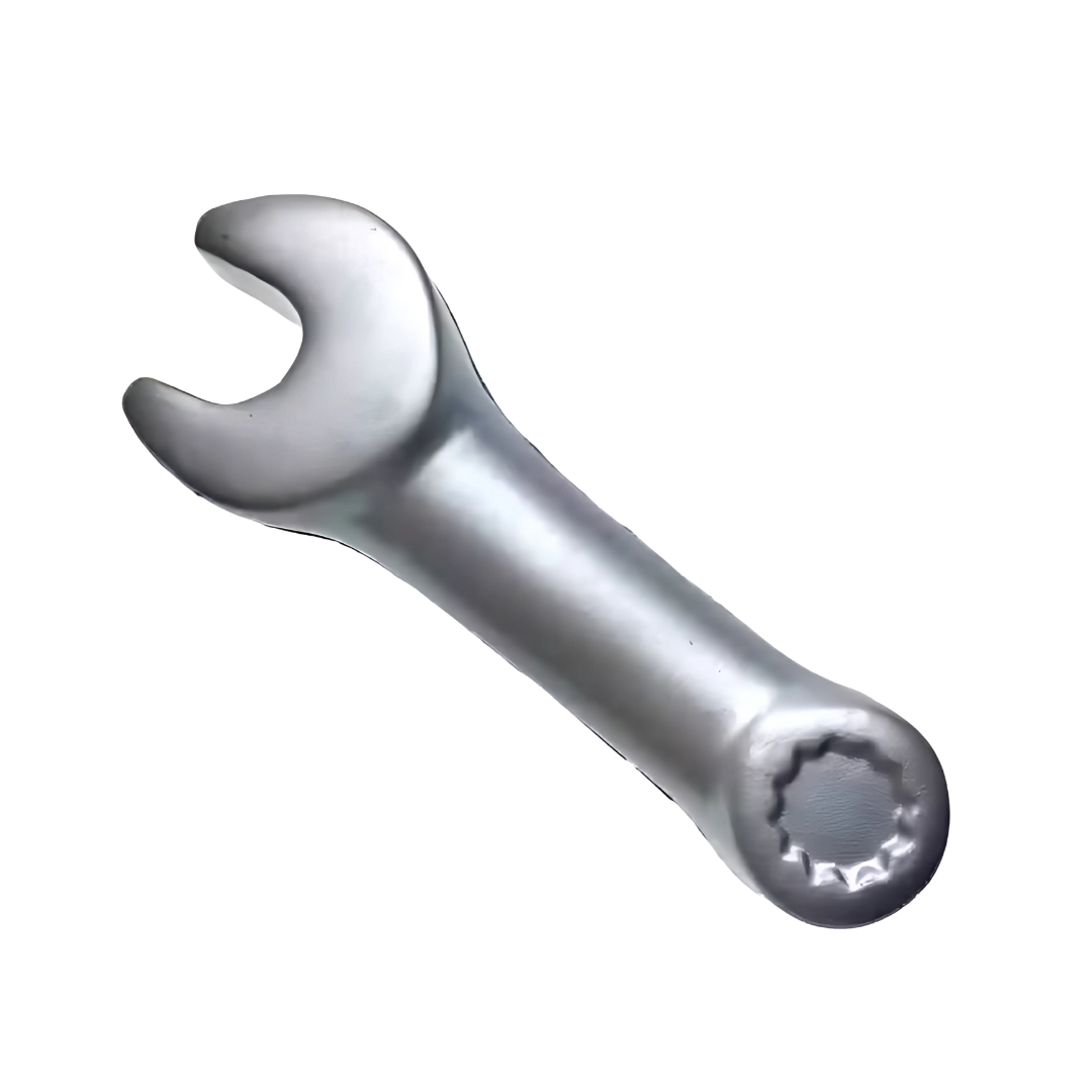 The Stress Shaped Spanner, a silver metallic tool with an open end and closed ring end, is artfully positioned diagonally on a pristine white background.