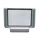 The silver Stress Shaped Television digital photo frame boasts a sleek, minimalist design and stands elegantly with its blank screen on a wide stand.
