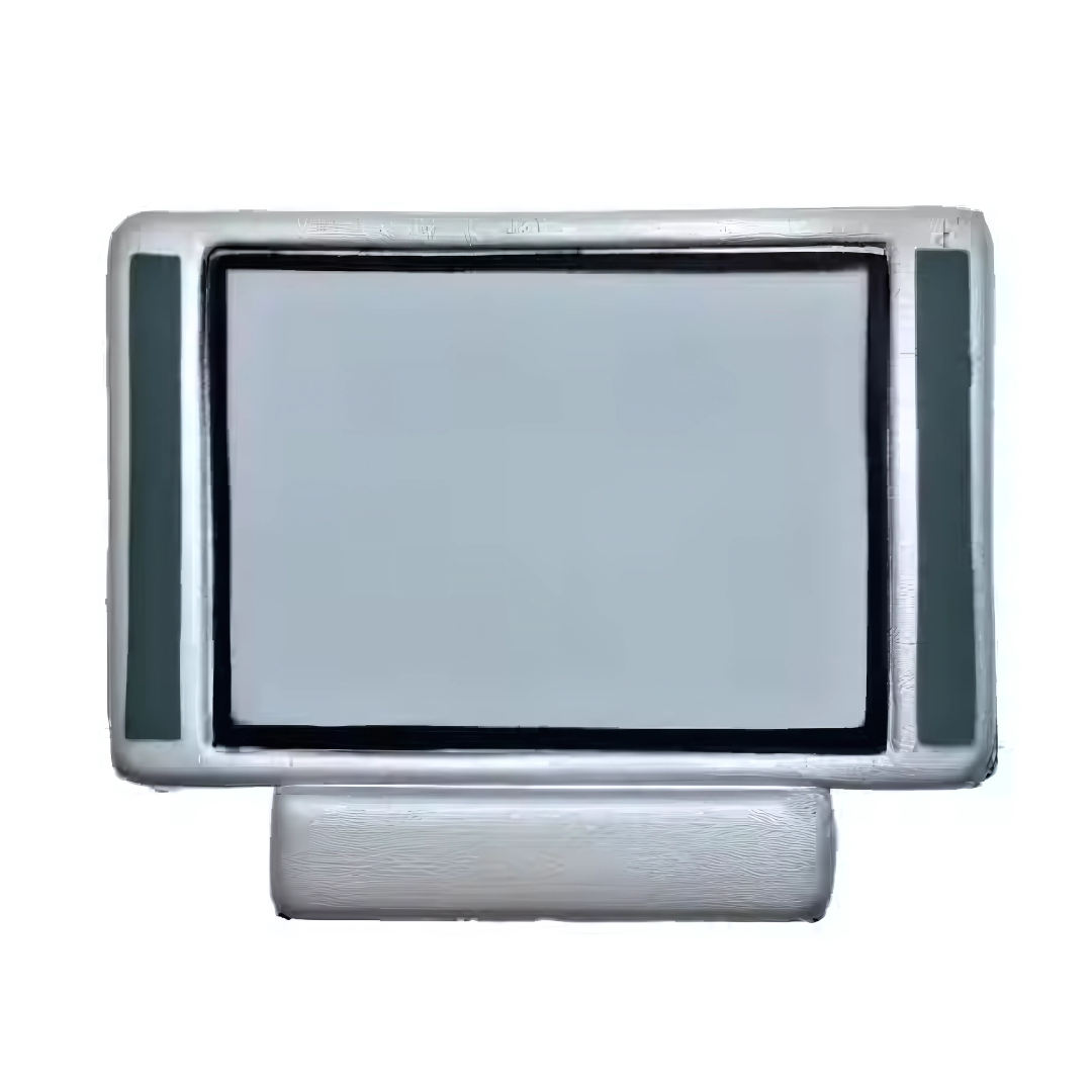 The Stress Shaped Television features a retro design with a blank screen, elegantly framed in silver. Accompanied by two vertical black speakers on either side, it rests on a rounded base stand, offering a nostalgic touch.