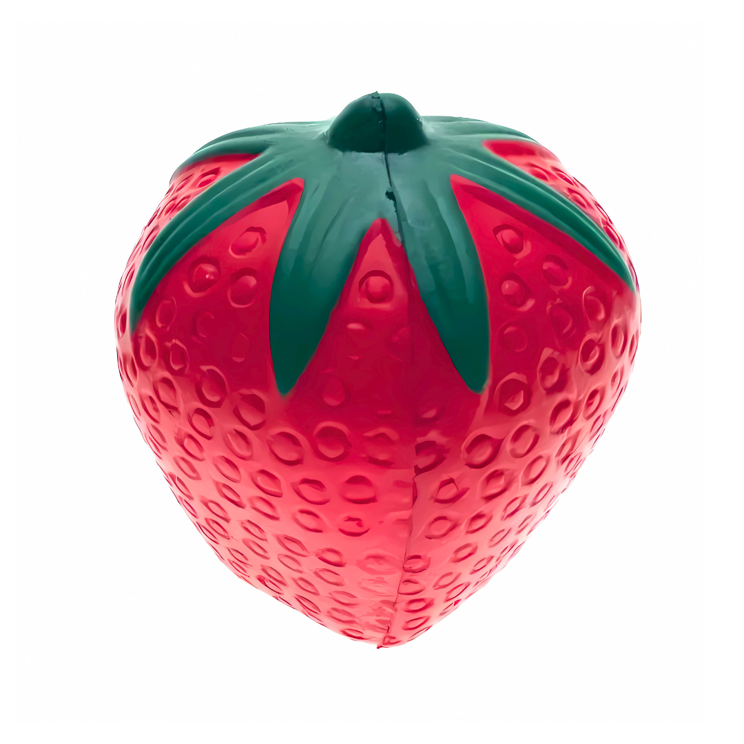 The Stress Shaped Strawberry is a large inflatable toy with a glossy red body and green leaves. Its surface mimics real strawberry seeds and shape, reflecting light while offering stress relief through its tactile design.
