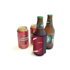 Two red cans of Carlton Draught beer are next to two green-bottled beers, with one wrapped in a Stubby Cooler Wrap, set against a plain white background.