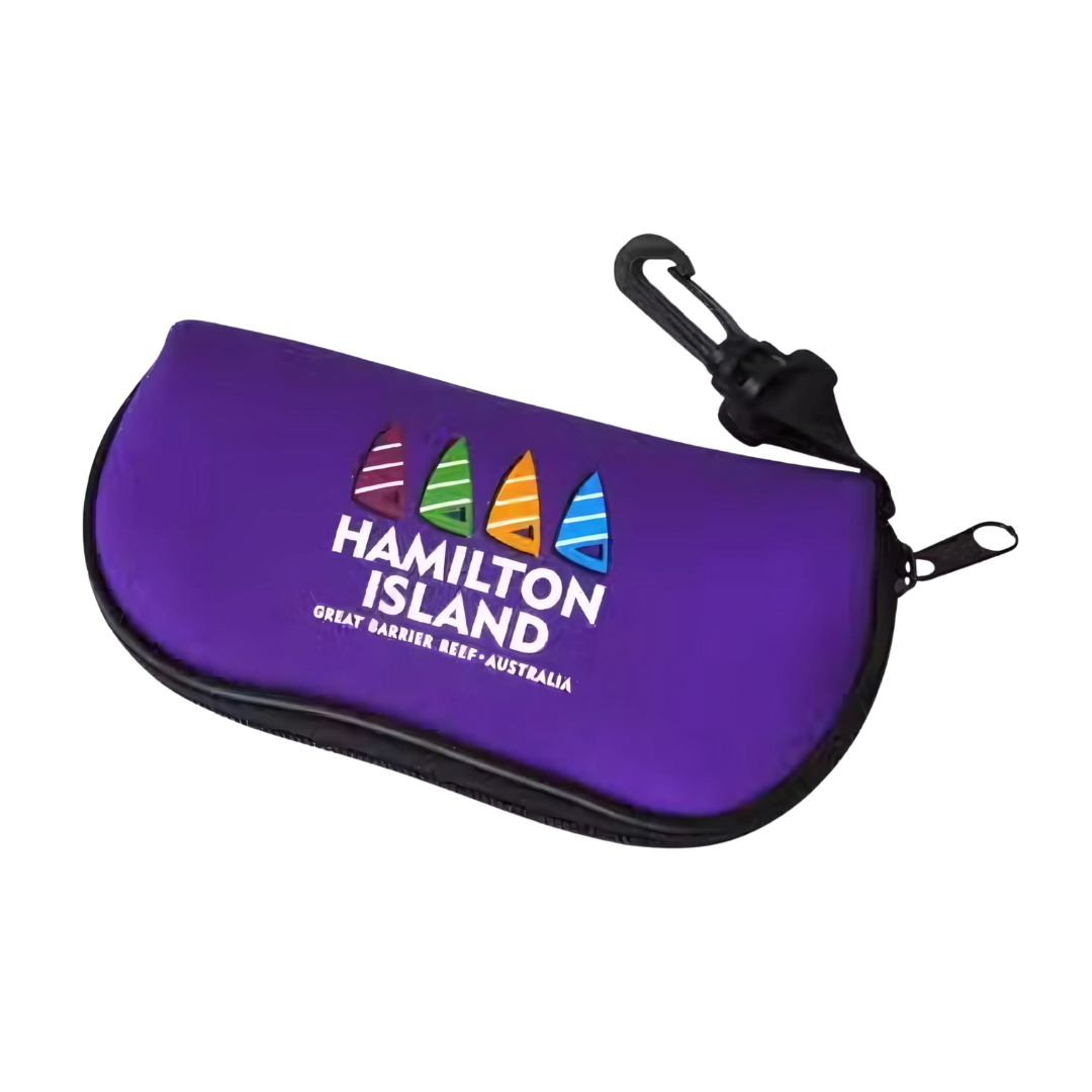 Purple Sunglasses Case featuring vibrant sails and a handy clip.