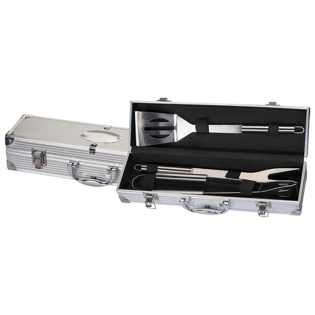 Promotional Handi 3pc Barbeque Set -Aluminium case with spatula, fork, and tongs.