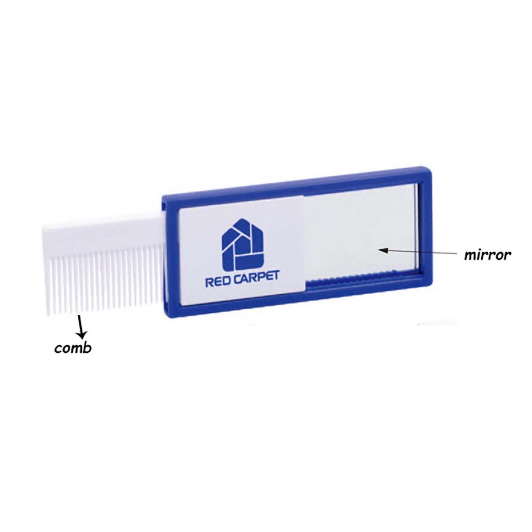 Compact and chic, this Red Carpet travel comb features a blue and white folding design with a built-in mirror. Elegant arrows highlight its dual-purpose function, making it an essential addition to your travel accessories.