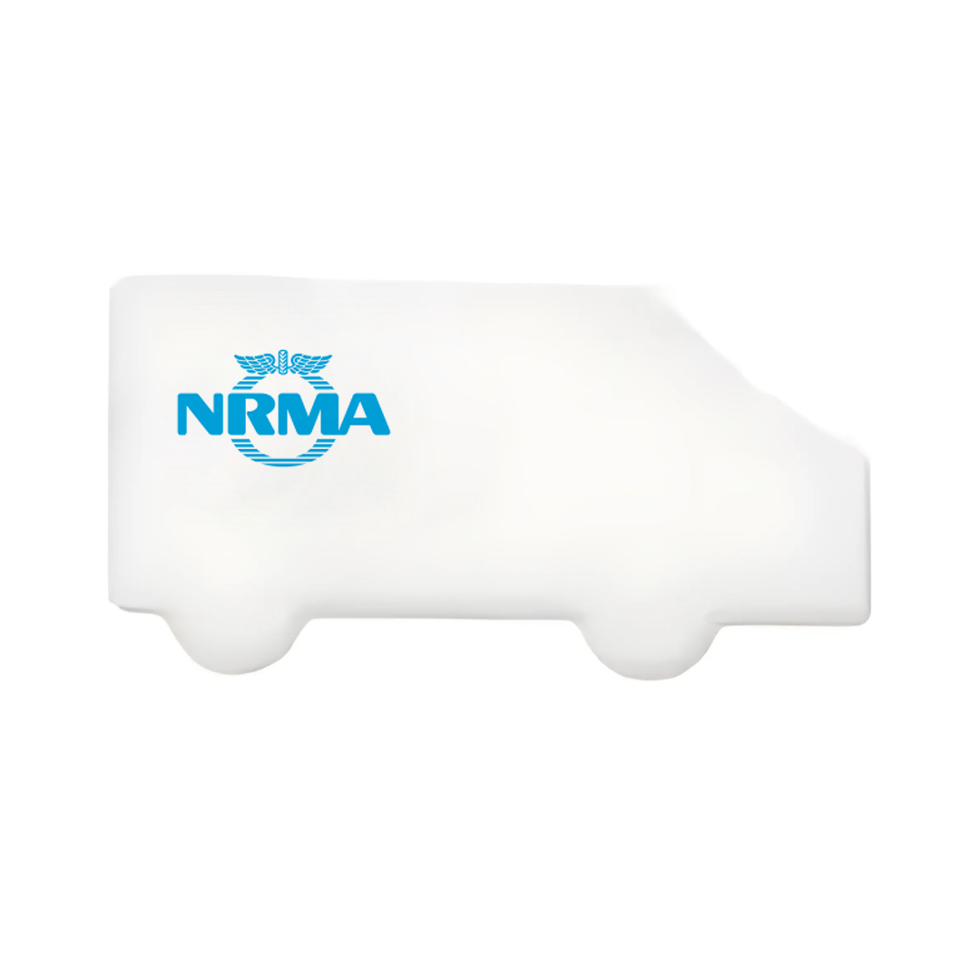 The NRMA-branded white toy van features a minimalist, featureless design reminiscent of the TRUCK SHAPE MINT CARDS—sleek and charming.