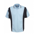 The Two-Colour Contrast Cooldry Polo features a stylish light blue and black design, with short sleeves. It has a black and white striped collar, black side panels, white trim on the shoulder seams, offering both comfort and style.