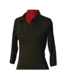 The black V neck Ladies Personalized Polo Shirt, showcased on a red mannequin torso, features long sleeves and a simple, elegant design. Captured from the upper section, the image highlights its sleek fabric and precise tailoring, making it ideal for various occasions.