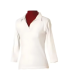 A white, long-sleeve V-neck ladies personalized polo shirt is displayed on a maroon mannequin against a plain white background. The shirts material appears smooth and light, exuding a simple and classic design.