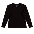 A promotional piece features the V Neck Promotional Ladies T Shirts Long Sleeved in plain black against a crisp white background.