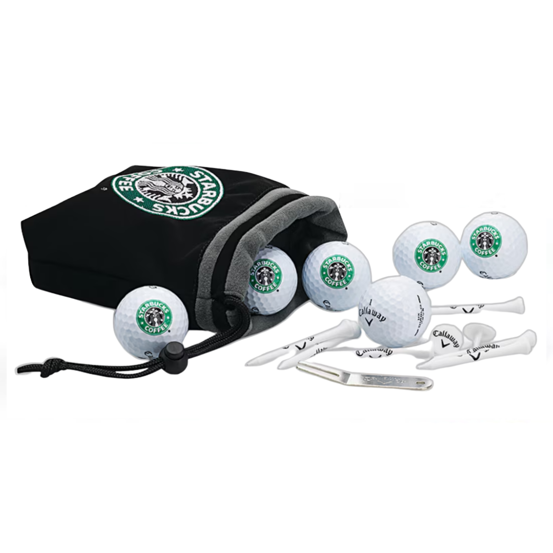 Vaulables Pouch Pack: golf balls with logos, tees, divot tool in a black pouch.