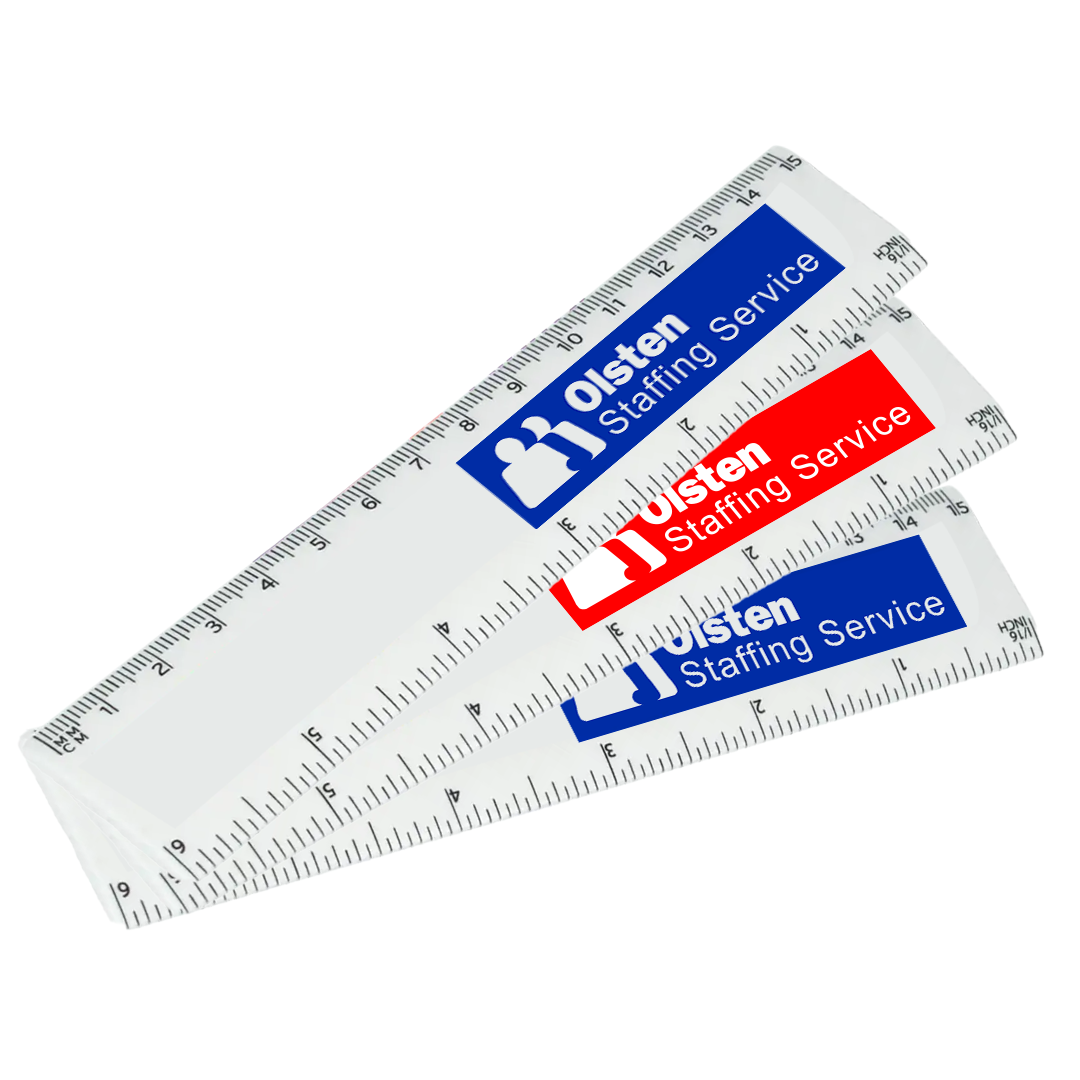 Three 15CM White PVC rulers, two Olsten Staffing Service blue, one red.