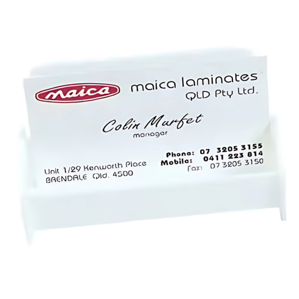 White Biz Card Stand, ideal for displaying contact details—perfect office desk accessory.