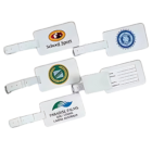 Five White Manhattan luggage tags with unique logos and designs.