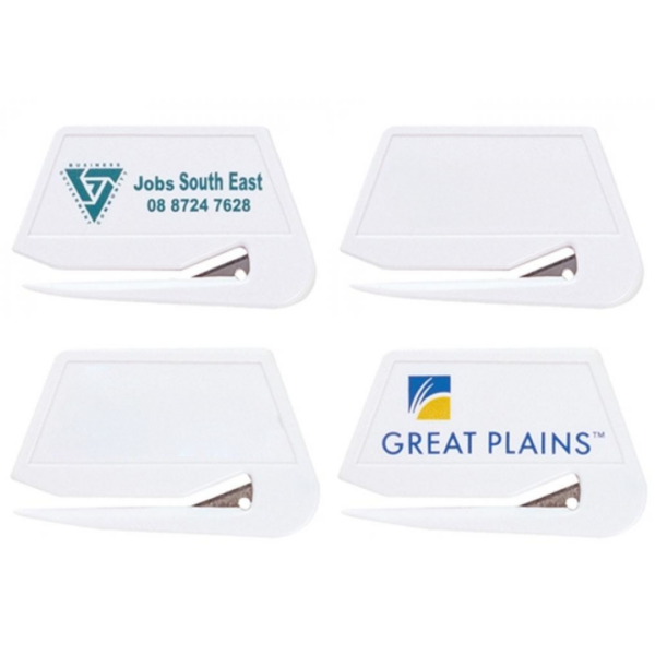 Four WHITE PRESTO LETTER SLITTERs, two logoed and two blank.