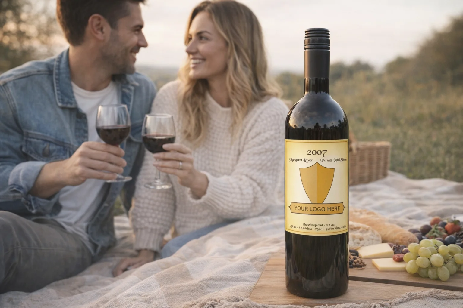 A couple toasts with Hunter Valley Verdelho 2009 at a picnic, enjoying wine and snacks.