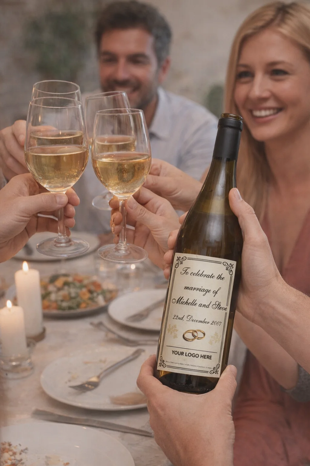 Four people toast with Yarra Valley Chardonnay 2007, the bottle label marking a wedding.