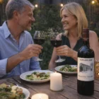A smiling couple toasts with Margaret River Chardonnay 2009 at a candlelit outdoor dinner.