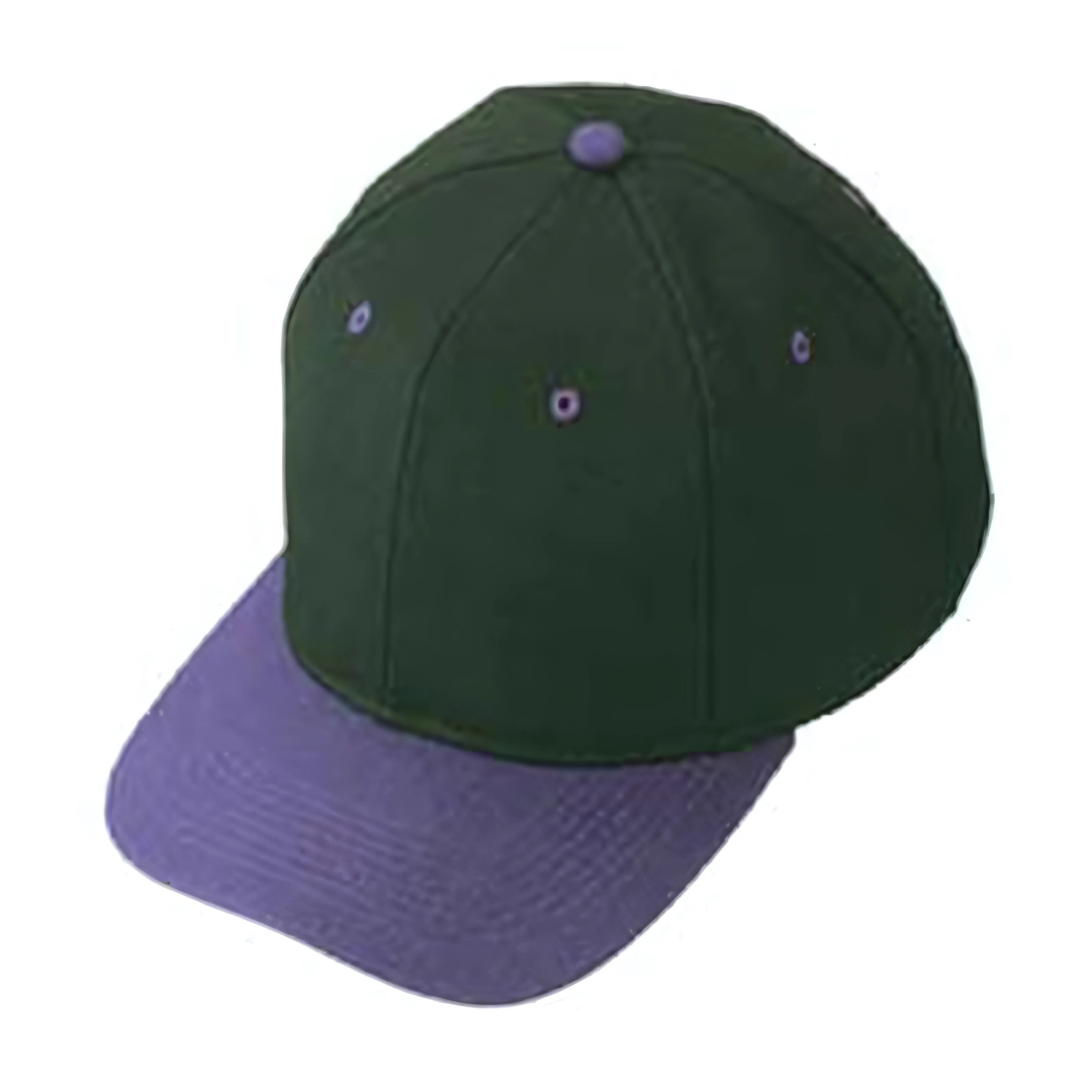 The Wool Blend 6-panel Pro-Style Cap features a dark green crown, a purple brim, matching top button, and purple eyelets on each panel, making it stylish for any occasion.