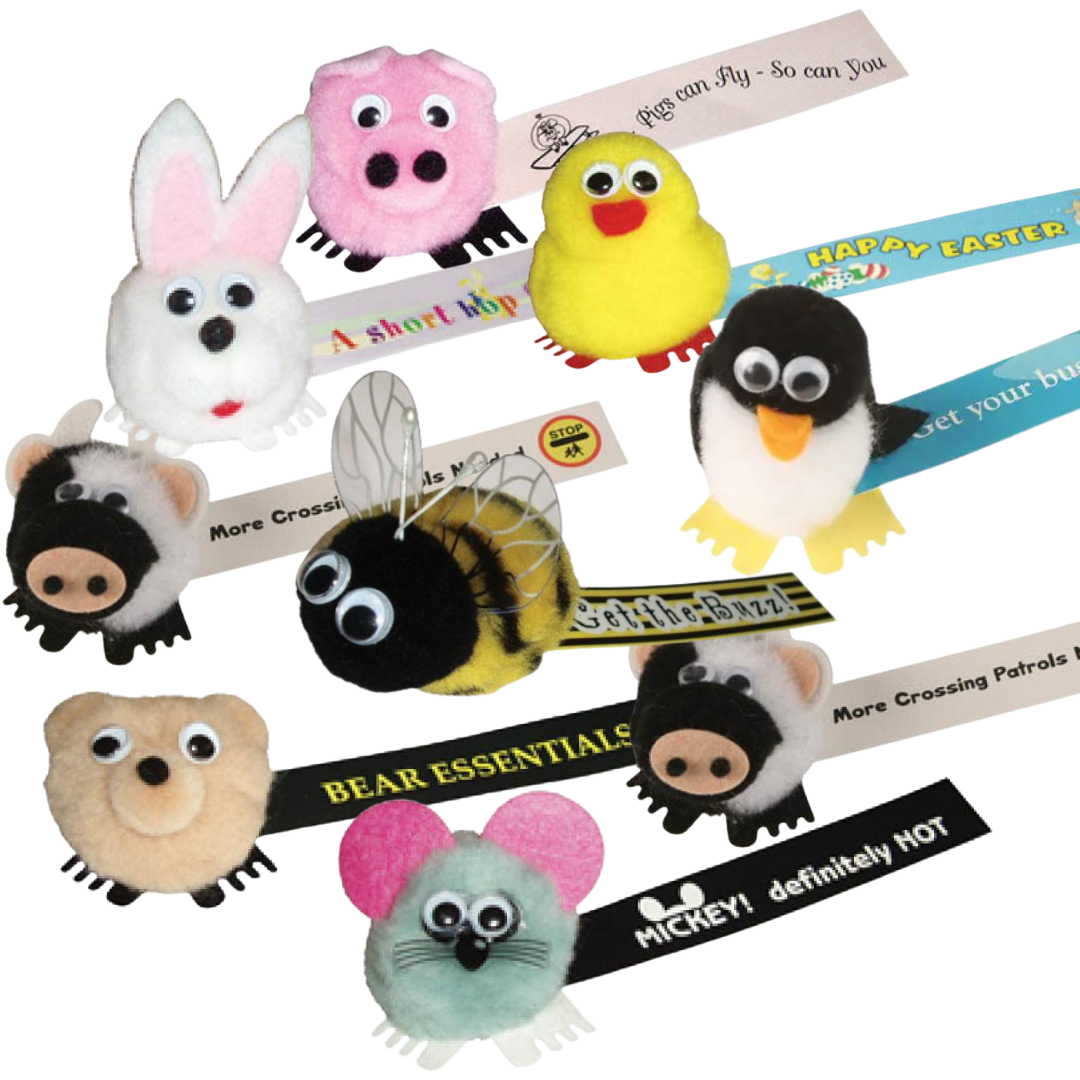 Promotional Wuppies with googly eyes, each on colorful ribbons, animal-themed.