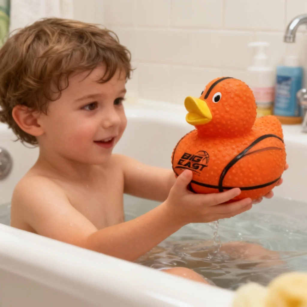 A smiling child enjoys bath time with a Basketball Duckies toy in hand.