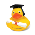 The Custom Graduate Duckie wears a graduation cap and holds a diploma tied with a red ribbon, featuring the University of North Carolina text on its side to celebrate the achievement.